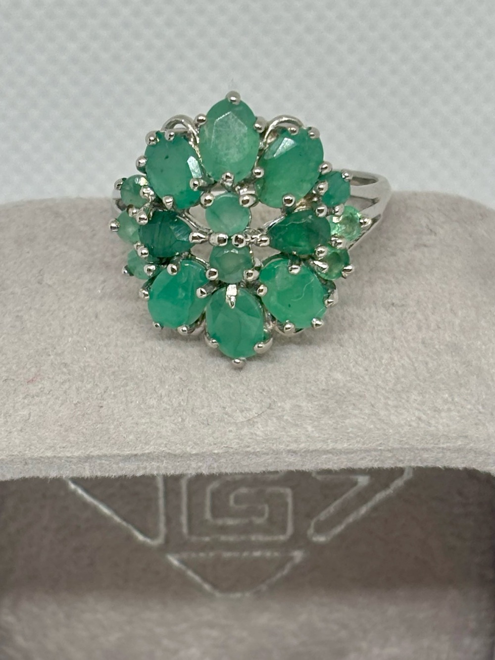925 Sterling Silver Cluster Ring with Natural Emeralds, size 9